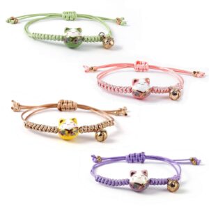 4 Pieces Cat Maneki Neko Bracelet Cute Lucky Cat Ceramic Beads Bracelets Feng Shui Lucky Bracelet Japanese Fortune String Bracelet with Bell, Adjustable