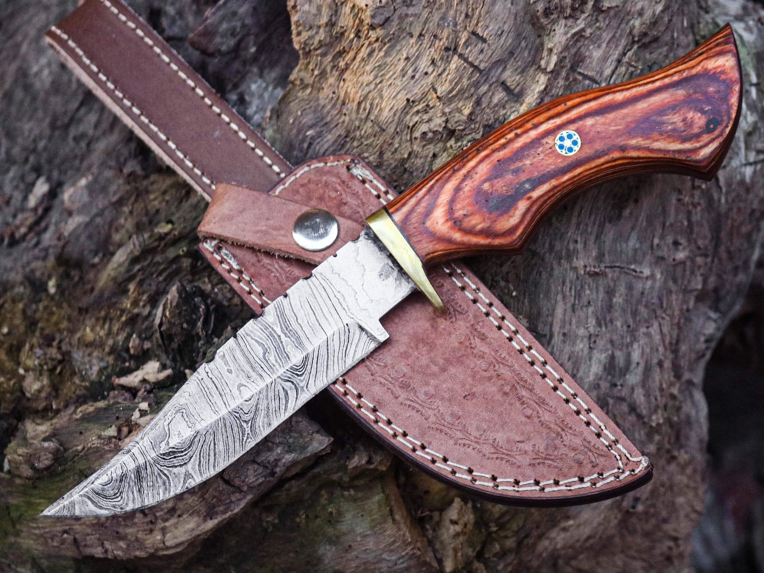 Custom Handmade Hunting Knife Skinner Fixed Blade Knife Damascus Steel 10'' Overall Rose Wood With Sheath