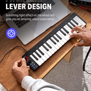 USB MIDI Keyboard Controller MINI 32-Key, Donner N-32 with Screen, Sequencer, Chord, Bend Sound Effects By Light-up Joystick for Mac/PC, Music Production Software, 40 Teaching Courses