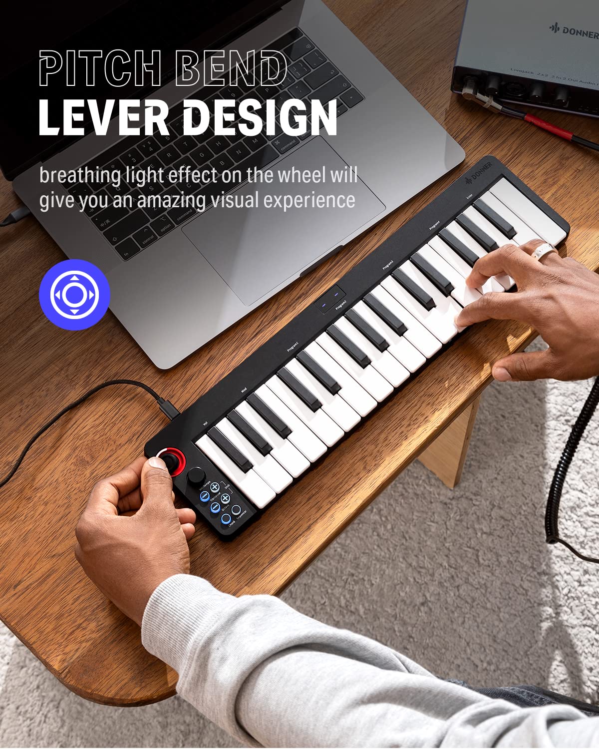 USB MIDI Keyboard Controller MINI 32-Key, Donner N-32 with Screen, Sequencer, Chord, Bend Sound Effects By Light-up Joystick for Mac/PC, Music Production Software, 40 Teaching Courses