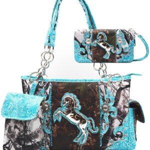 Cowgirl Trendy Camouflage Western Style Tote Studded Handbag Concealed Carry Purse Country Women Shoulder Bag Wallet Set (#2 Turquoise Set)