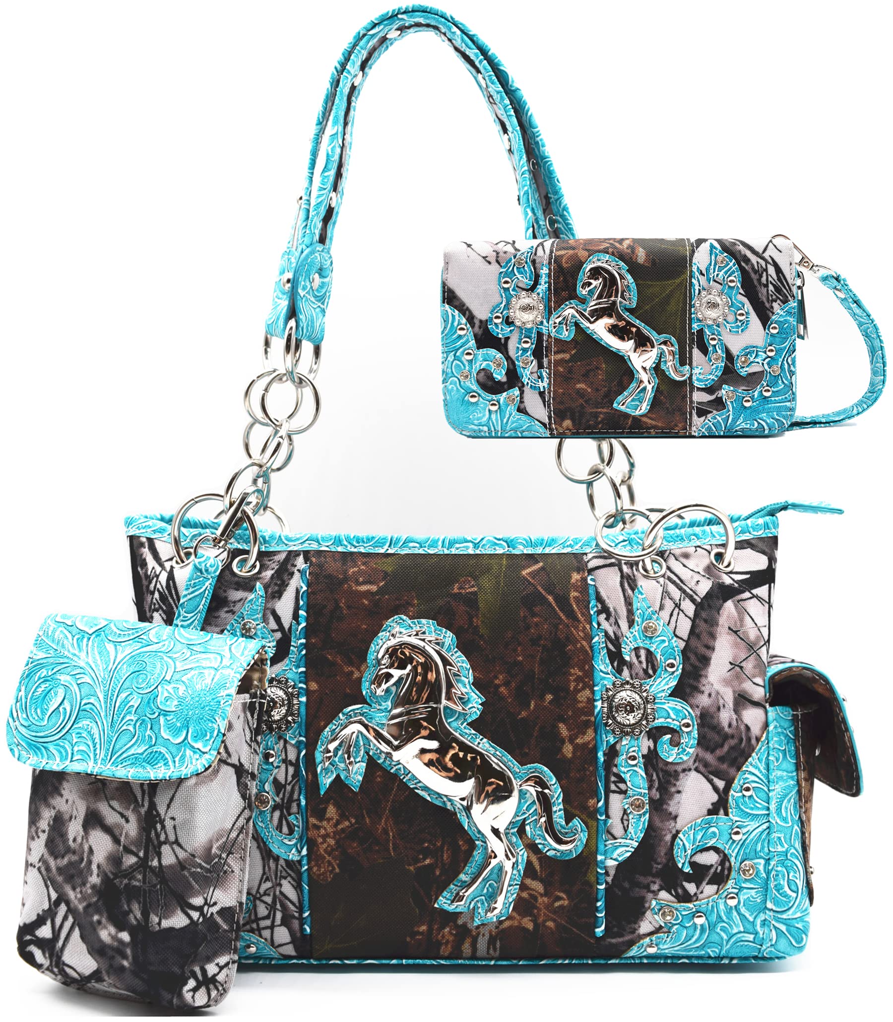 Cowgirl Trendy Camouflage Western Style Tote Studded Handbag Concealed Carry Purse Country Women Shoulder Bag Wallet Set (#2 Turquoise Set)