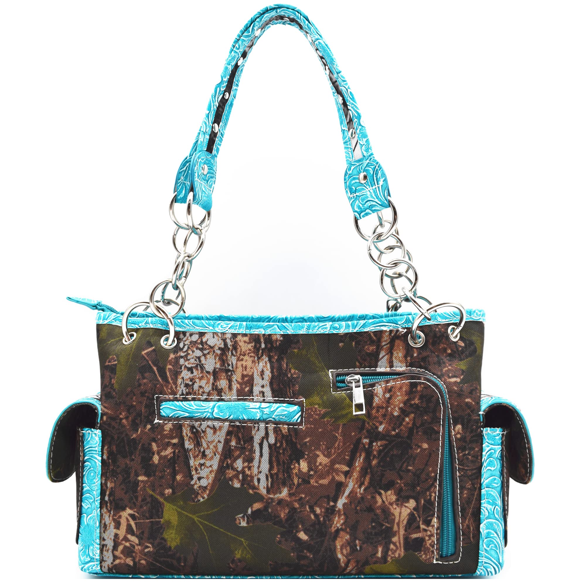 Cowgirl Trendy Camouflage Western Style Tote Studded Handbag Concealed Carry Purse Country Women Shoulder Bag Wallet Set (#2 Turquoise Set)