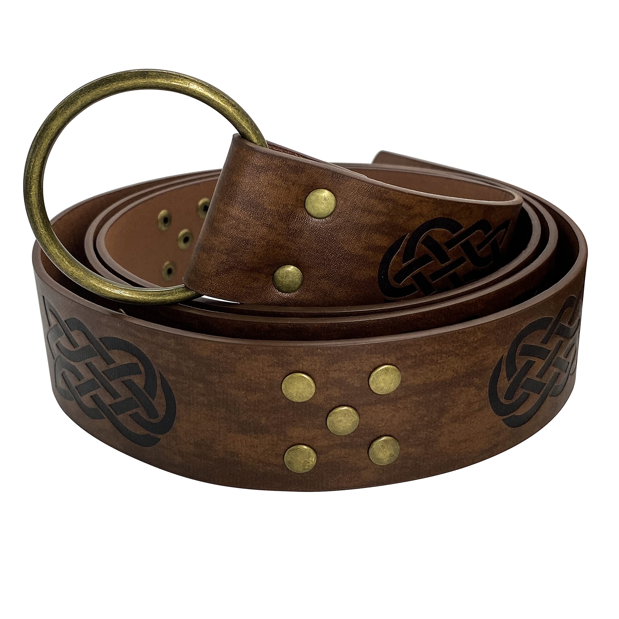 HiiFeuer Medieval Embossed PU Leather O Ring Belt, Retro Renaissance Knight Belt (Dark Brown C)