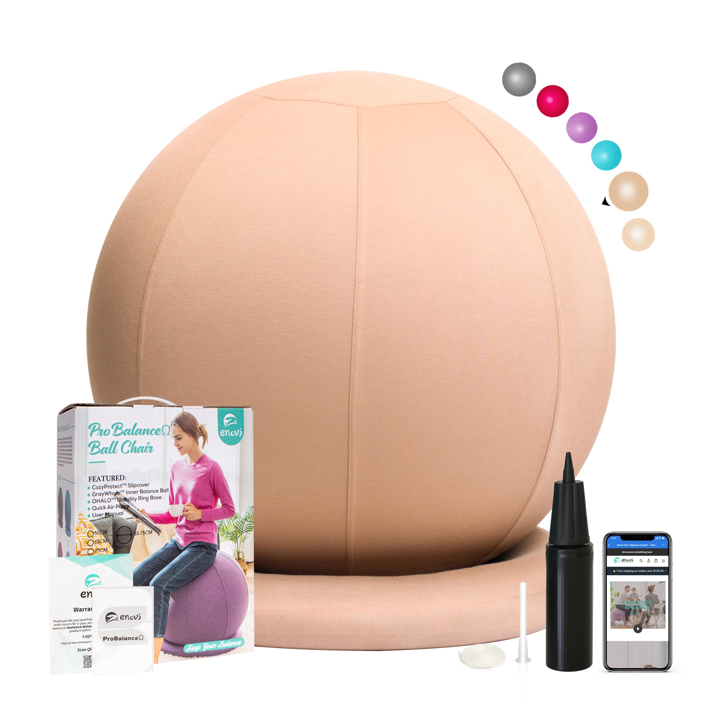 ENOVI ProBalanceΩ Ball Chair, Yoga Ball Chair Exercise Ball Chair with Slipcover and Base for Home Office Desk, Birthing & Pregnancy, Stability Ball & Balance Ball Seat to Relieve Back Pain, 55cm, WB