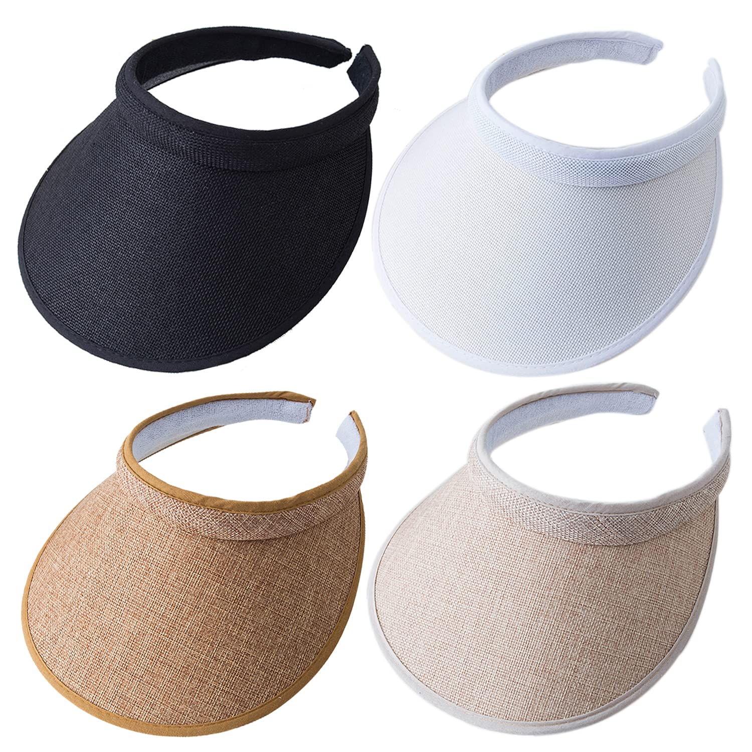 MULIMU 4-Pack Women Wide Brim Sun Visor UV Protection UPF50+ Hat Golf Visor with Clip (Black&White&Khak&Beige)