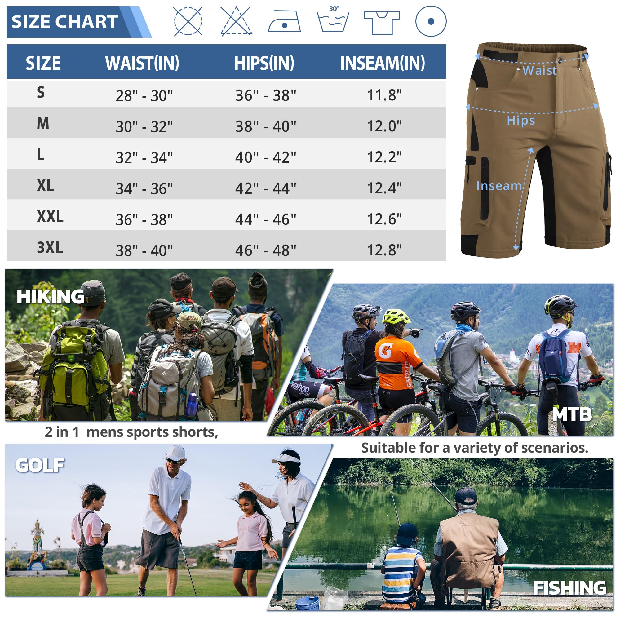 Ally Mens Mountain Bike Shorts 4D Padded Baggy Bicycle Cycling Biking Bike Shorts Lightweight Loose-fit (Khaki, Medium)