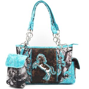 Cowgirl Trendy Camouflage Western Style Tote Studded Handbag Concealed Carry Purse Country Women Shoulder Bag Wallet Set (#2 Turquoise Set)