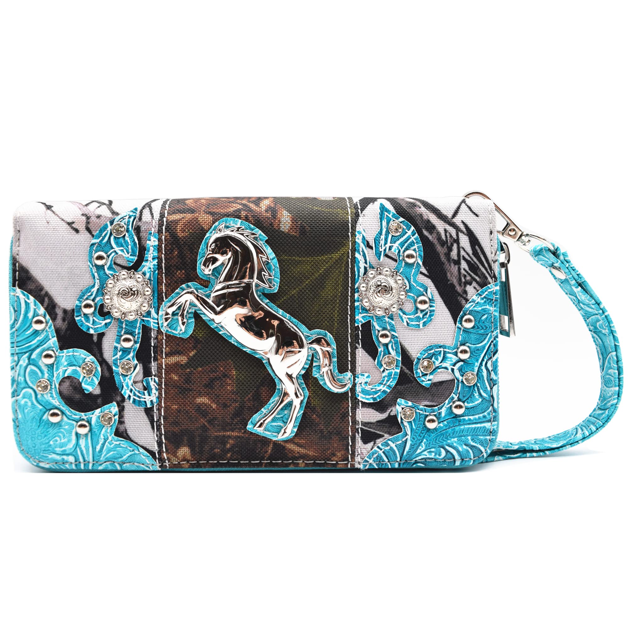 Cowgirl Trendy Camouflage Western Style Tote Studded Handbag Concealed Carry Purse Country Women Shoulder Bag Wallet Set (#2 Turquoise Set)