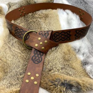 HiiFeuer Medieval Embossed PU Leather O Ring Belt, Retro Renaissance Knight Belt (Dark Brown C)