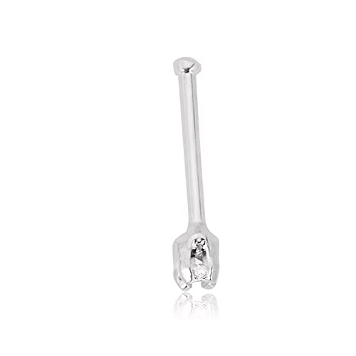 AVORA 14K White Gold 0.01 CT (1.3mm) Genuine Diamond Nose Ring Body Jewelry (22 Gauge)