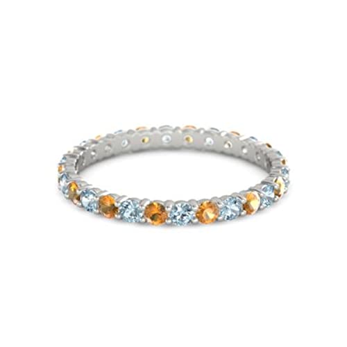 Aquamarine With Citrine Round 2.50 MM Eternity 925 Sterling Silver Women Stackable Wedding Ring (Sterling Silver, 7)