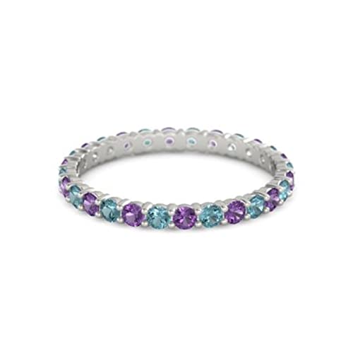 CARILLON Amethyst With London Blue Topaz Round 2.50 MM Eternity 925 Sterling Silver Women Stackable Wedding Ring (Sterling Silver, 9.5)