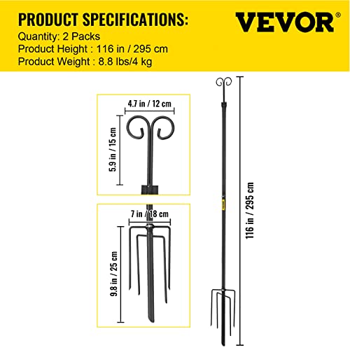 VEVOR String Light Poles, 2 Pack 9.7 FT, Outdoor Powder Coated Stainless Steel Lamp Post with Hooks to Hang Lantern and Flags, Decorate Garden, Backyard, Patio, Deck, for Party and Wedding, Black