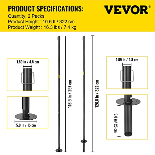 VEVOR String Light Poles, 2 Pack 10.6 FT, Outdoor Powder Coated Steel Lamp Post with Hooks to Hang Lantern and Flags, Universal Mounting Options to Decorate Garden, Patio, and Deck for Party, Black