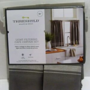 Threshold Light Filtering Cafe Curtain 42inch×36inch Gray w/Cream Stripe - (Set of 2), Grey