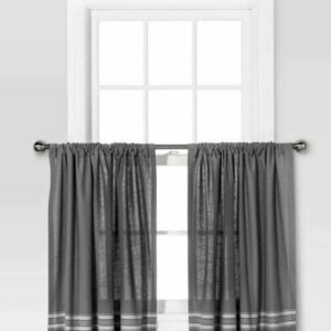 Threshold Light Filtering Cafe Curtain 42inch×36inch Gray w/Cream Stripe - (Set of 2), Grey