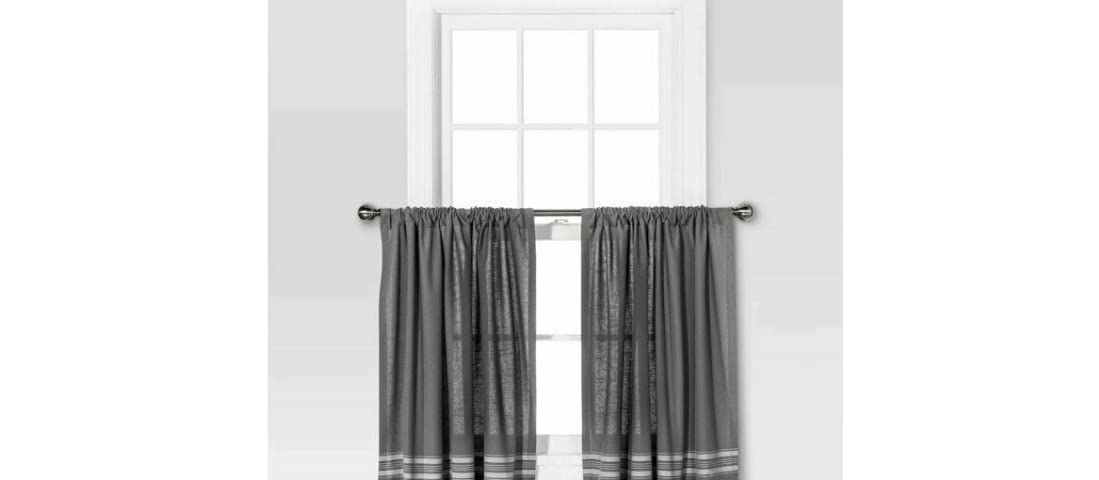 Threshold Light Filtering Cafe Curtain 42inch×36inch Gray w/Cream Stripe - (Set of 2), Grey