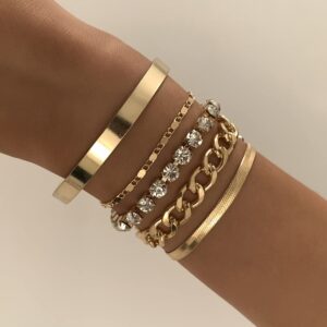 Rumtock Gold Cuff Wristband for Women and Girls Punk Crystal Bracelet Gift Her Stackable Wirst Chain Bangle Jewelry Pack of 5 (Gold)