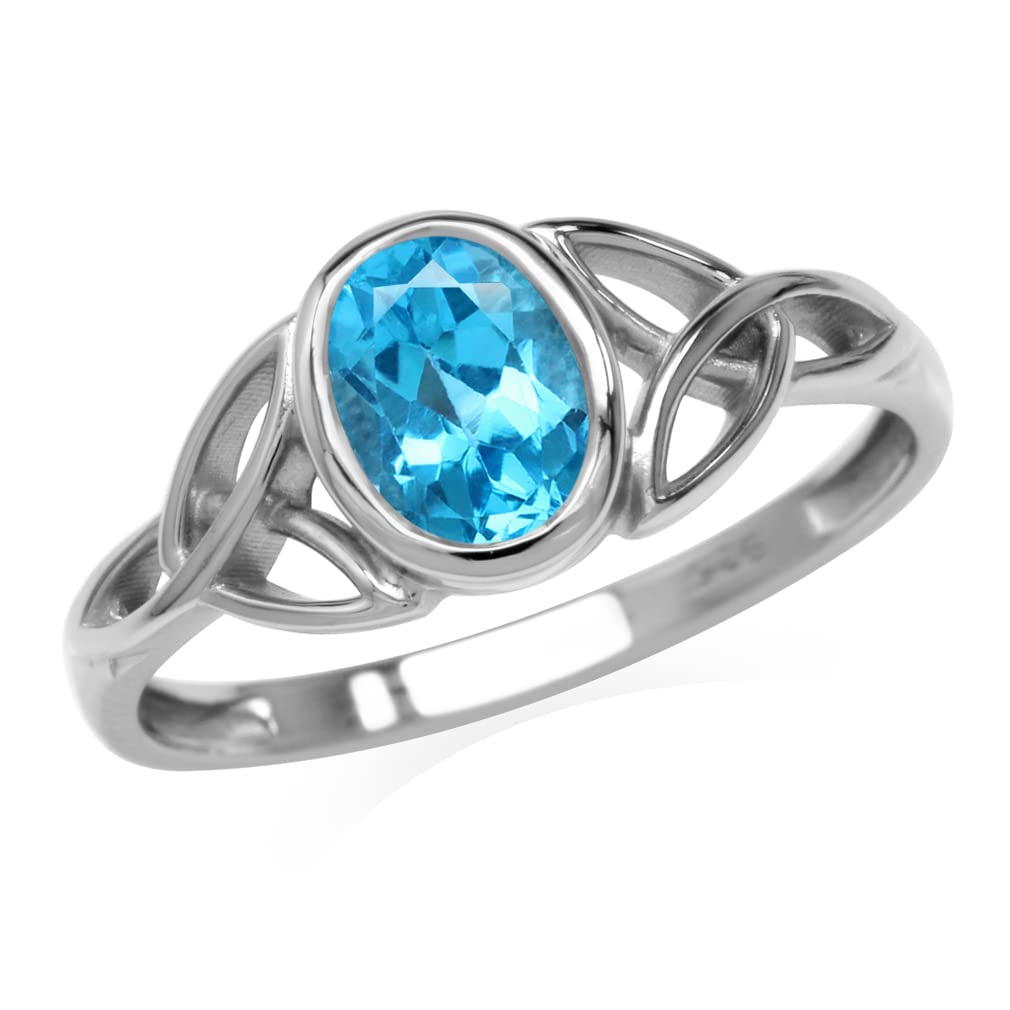 Silvershake Genuine Swiss Blue Topaz White Gold Plated 925 Sterling Silver Triquetra Celtic Knot Ring Jewelry December Birthstone Gemstone Size 10.5