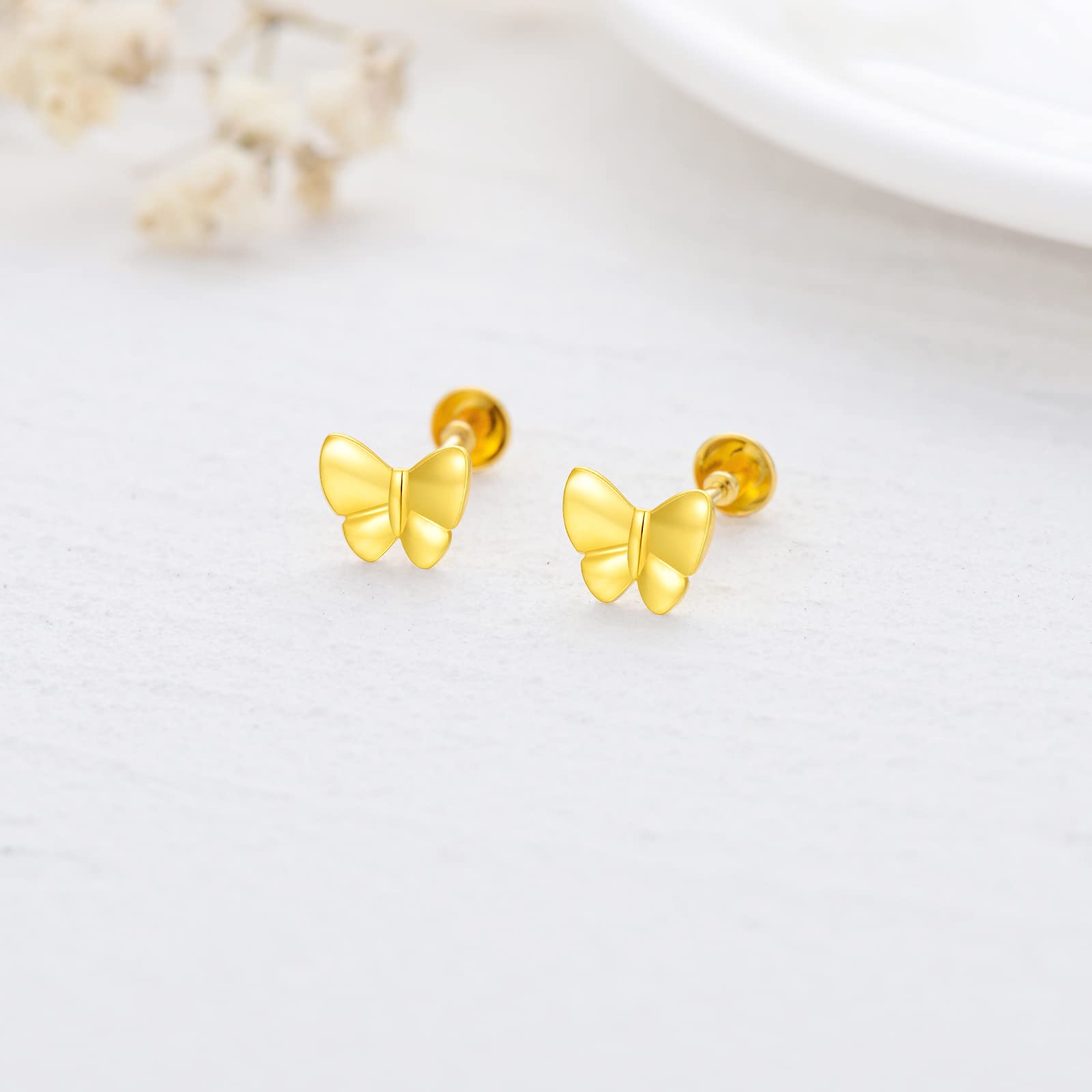 SISGEM 18k Yellow Gold Butterfly Earrings Screw Back, 18 Carat Gold Studs for Women