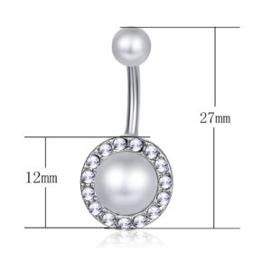 Lenacou Pearl Flower Belly Button Rings 14G Surgical Stainless Steel Navel Barbell Stud Cubic Zirconia Body Piercing (Silver)