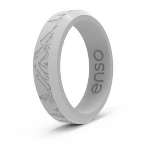 enso rings etched bevel thin silicone wedding ring - comfortable and flexible design for active lifestyle - misty grey peak, size 5