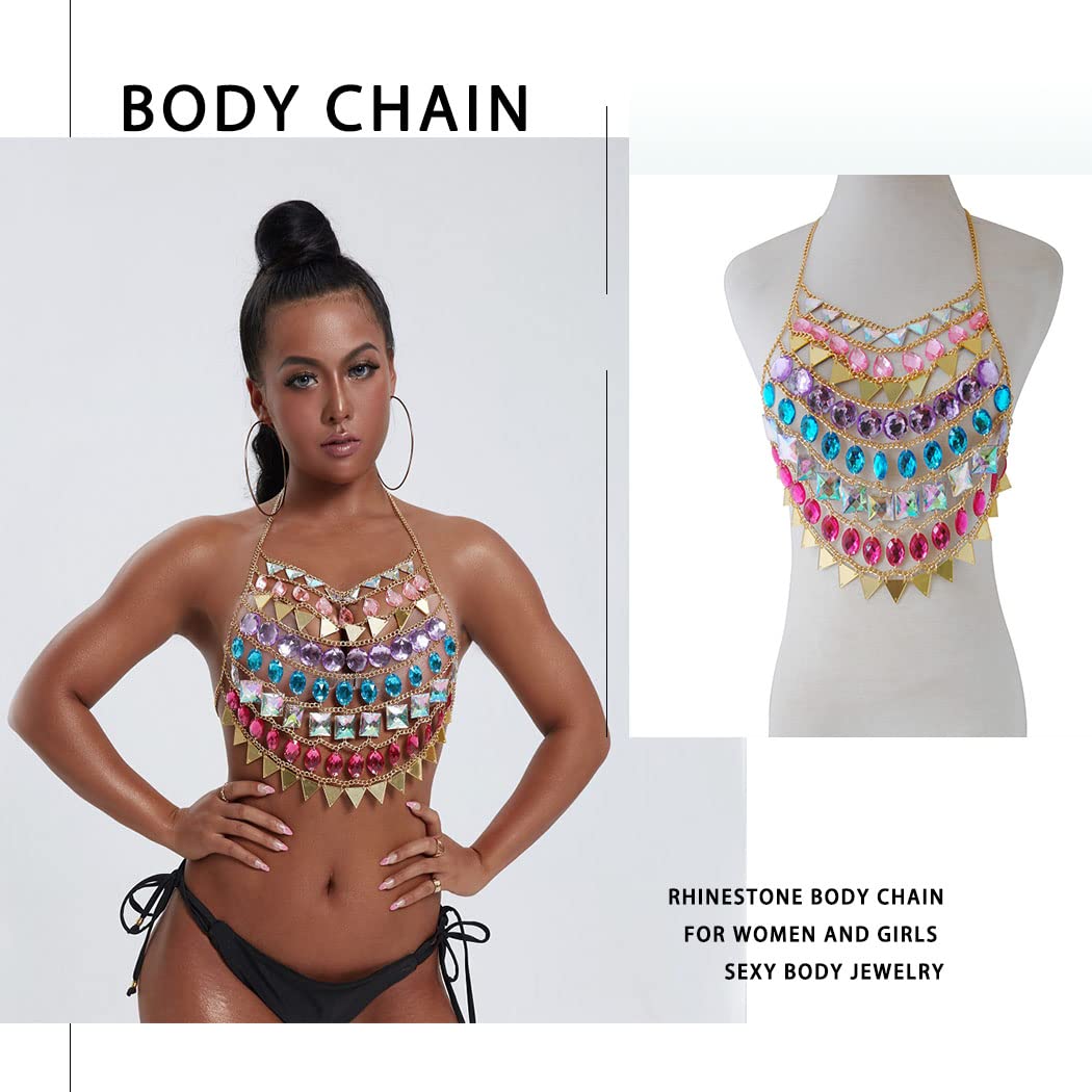 Bmirth Body Chain Rhinestone Pearl Bikini Chain Sexy Bar Chest Body Jewelry Rave Nightclub Party Festival Body Accessories for Women and Girls (Colorful-2)