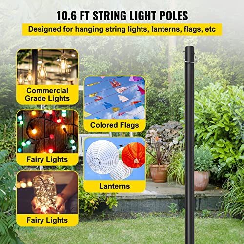 VEVOR String Light Poles, 2 Pack 10.6 FT, Outdoor Powder Coated Steel Lamp Post with Hooks to Hang Lantern and Flags, Universal Mounting Options to Decorate Garden, Patio, and Deck for Party, Black