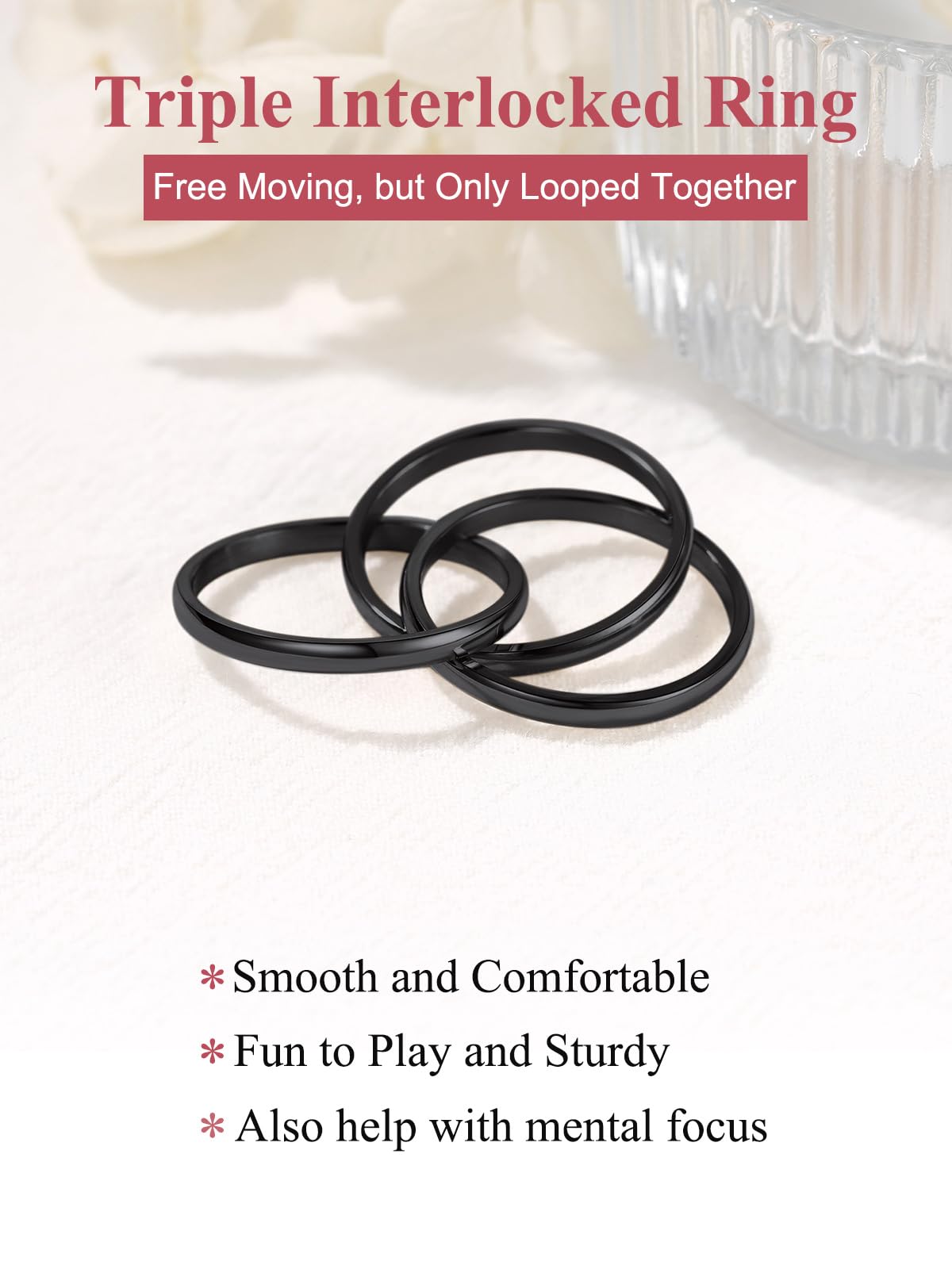 FOCALOOK Triple Band Rolling Ring Black Fashion Interlocked Anxiety Ring for Women (Black, 8)