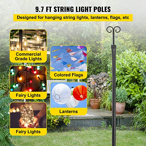 VEVOR String Light Poles, 2 Pack 9.7 FT, Outdoor Powder Coated Stainless Steel Lamp Post with Hooks to Hang Lantern and Flags, Decorate Garden, Backyard, Patio, Deck, for Party and Wedding, Black