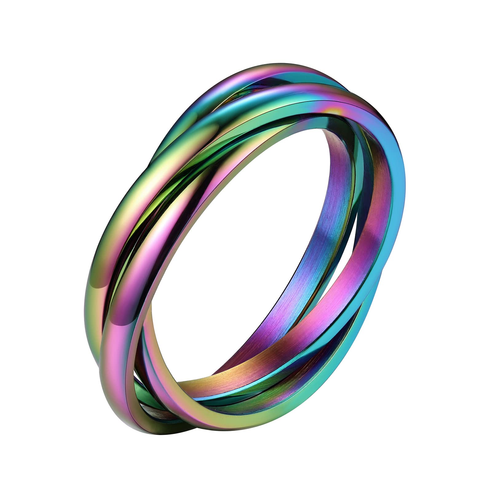 FOCALOOK Womens Rainbow Ring Fashion Fun Ring Triple Interlocked Fidget Ring (Rainbow,8)