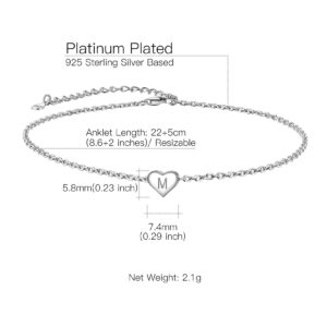 Suplight Sterling Silver Anklets for Women Dainty M Initial Heart Ankle Bracelets