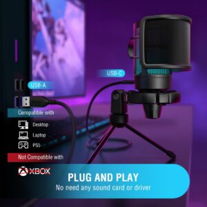 FIFINE Gaming USB Condenser Microphone with Pop Filter Bundle, Quick Mute, RGB Indicator, Tripod Stand, Shock Mount, Gain Control for Streaming YouTube Videos(A6V+U1)