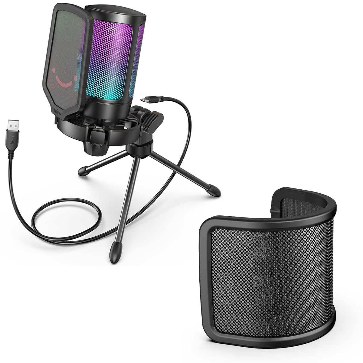 FIFINE Gaming USB Condenser Microphone with Pop Filter Bundle, Quick Mute, RGB Indicator, Tripod Stand, Shock Mount, Gain Control for Streaming YouTube Videos(A6V+U1)