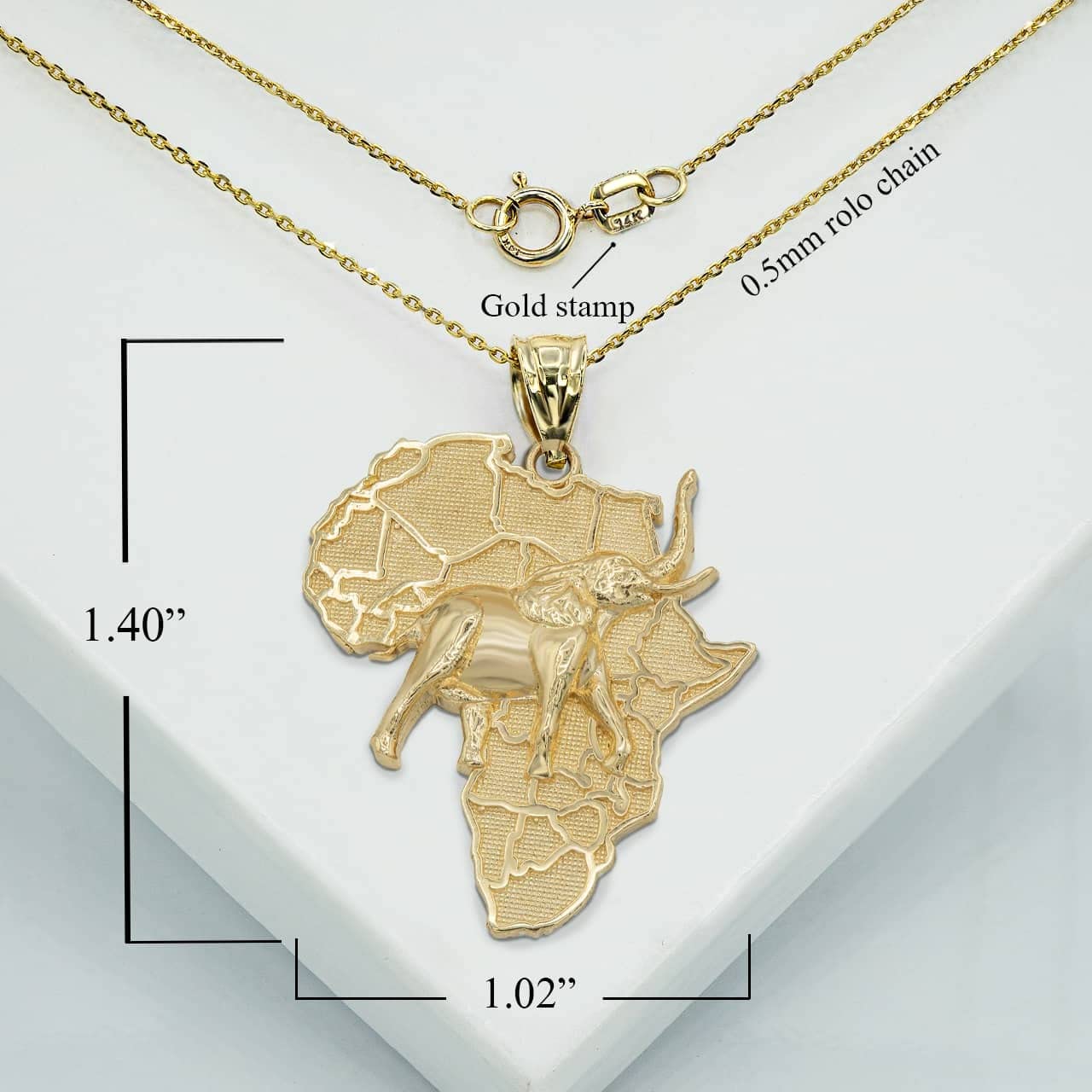 10K Yellow Gold Africa Map Elephant in Solid Gold Pendant Necklace, 20"