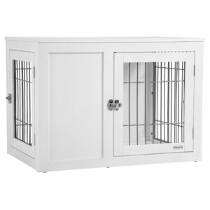 PawHut Dog Crate Furniture Wire Indoor Pet Kennel Cage, End Table with Double Doors, Locks for Small and Medium Dog House, White