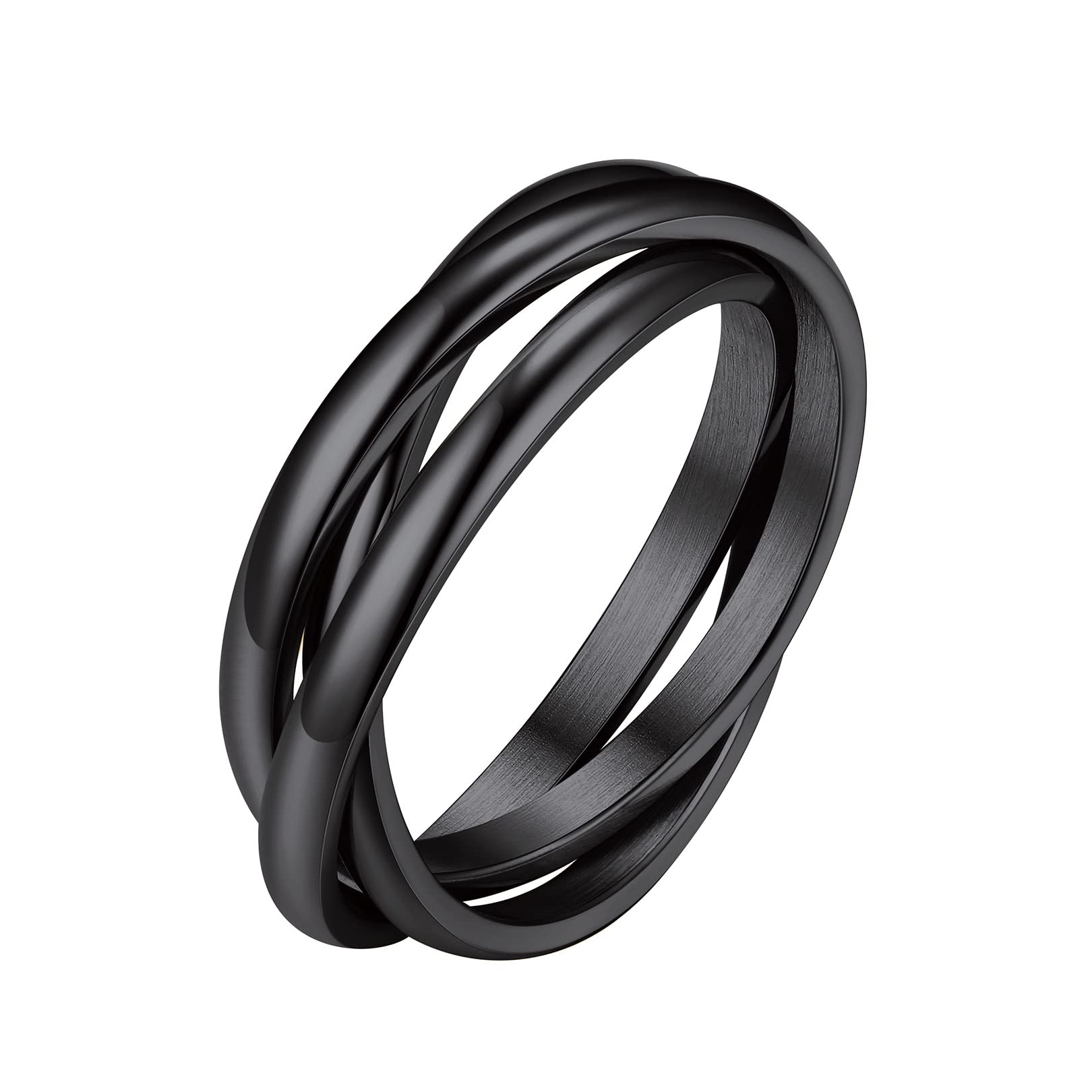 FOCALOOK Triple Band Rolling Ring Black Fashion Interlocked Anxiety Ring for Women (Black, 8)