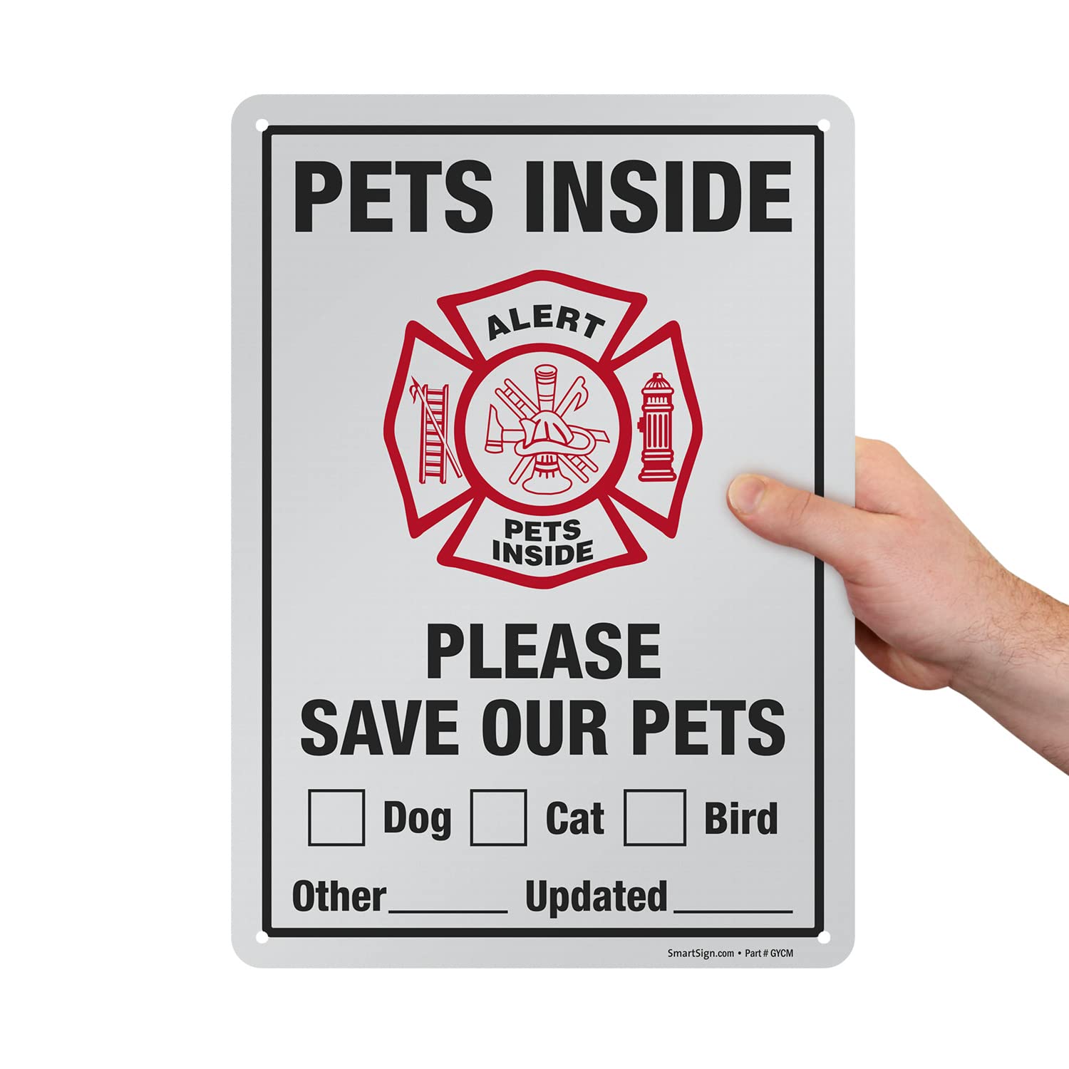 SmartSign 14 x 10 inch “Pets Inside - Please Save Our Pets” Write-On Metal Sign, 40 mil Aluminum, 3M Laminated Engineer Grade Reflective, Red/Black on White, Made in USA