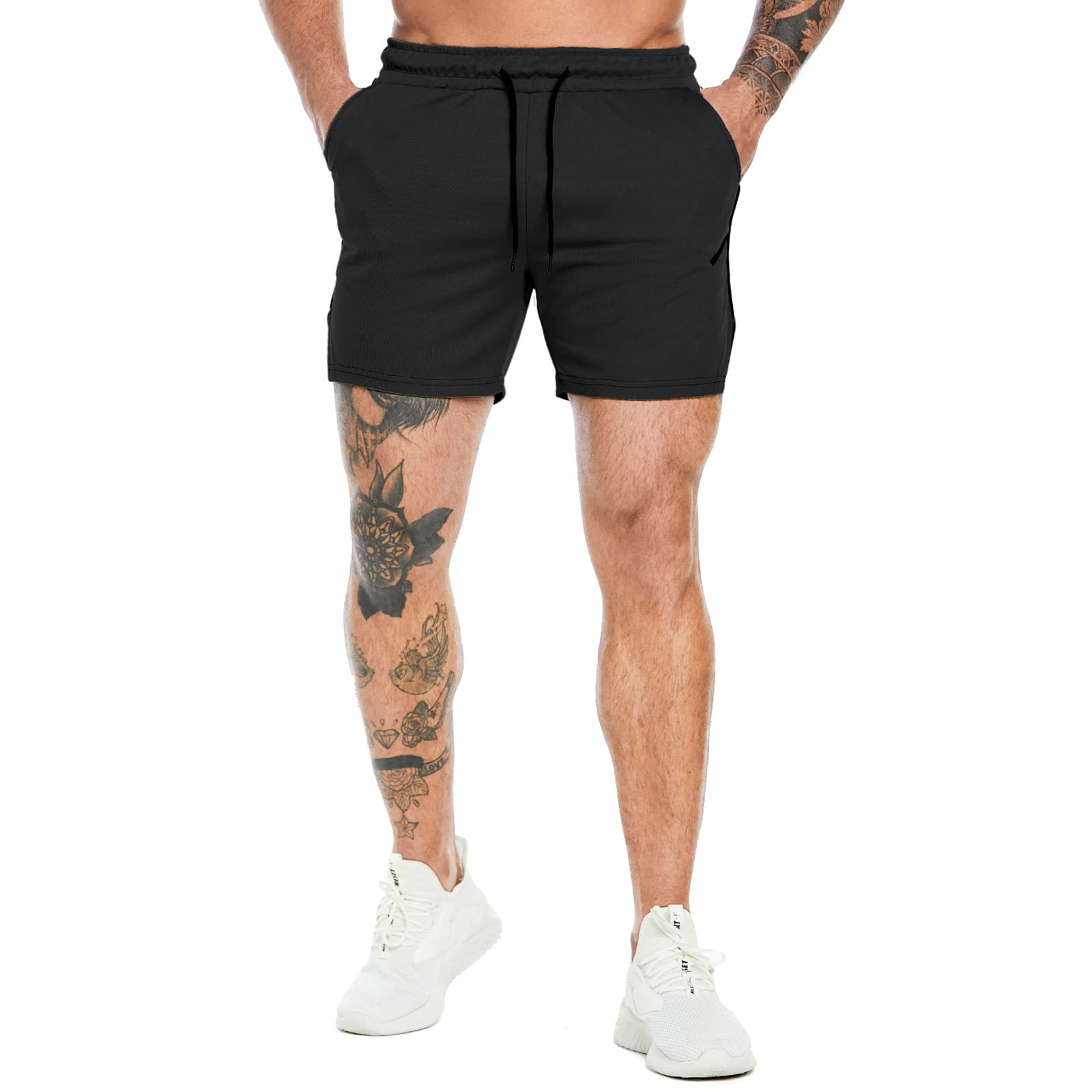 PIDOGYM Men's Workout Running Shorts 5 Inch, Lightweight Mesh Gym Athletic Fitted Short Pants for Bodybuilding Training Black