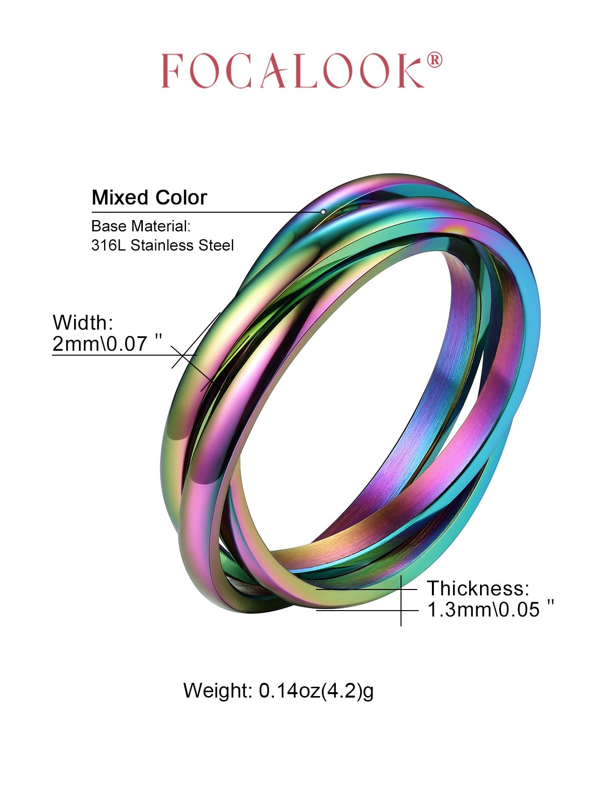 FOCALOOK Womens Rainbow Ring Fashion Fun Ring Triple Interlocked Fidget Ring (Rainbow,8)