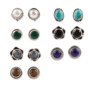 novica artisan handmade gemstone stud earrings from india set of 7 sterling silver pearl freshwater cultured multigem lapis lazuli birthstone [largest piece 0.4 in l x 0.4 in w x 0.2 in d smallest pi]