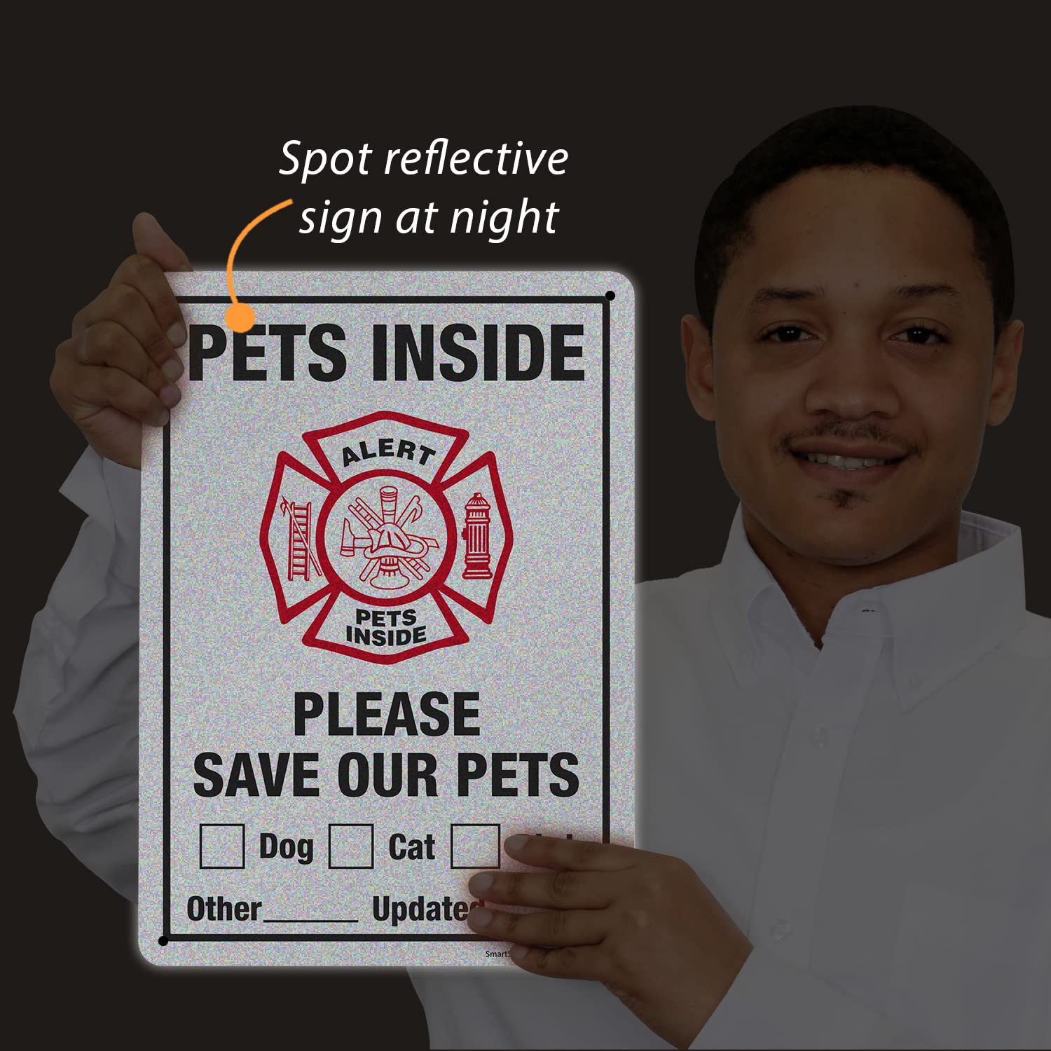 SmartSign 14 x 10 inch “Pets Inside - Please Save Our Pets” Write-On Metal Sign, 40 mil Aluminum, 3M Laminated Engineer Grade Reflective, Red/Black on White, Made in USA