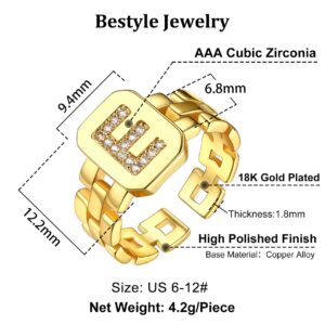 Bestyle Gold Cuban Chain Initial Ring Adjustable Fashion Signet Rings for Women Alphabet Letter E Resizable Knuckle Open Ring, Stackable Rings Fit #6-#12