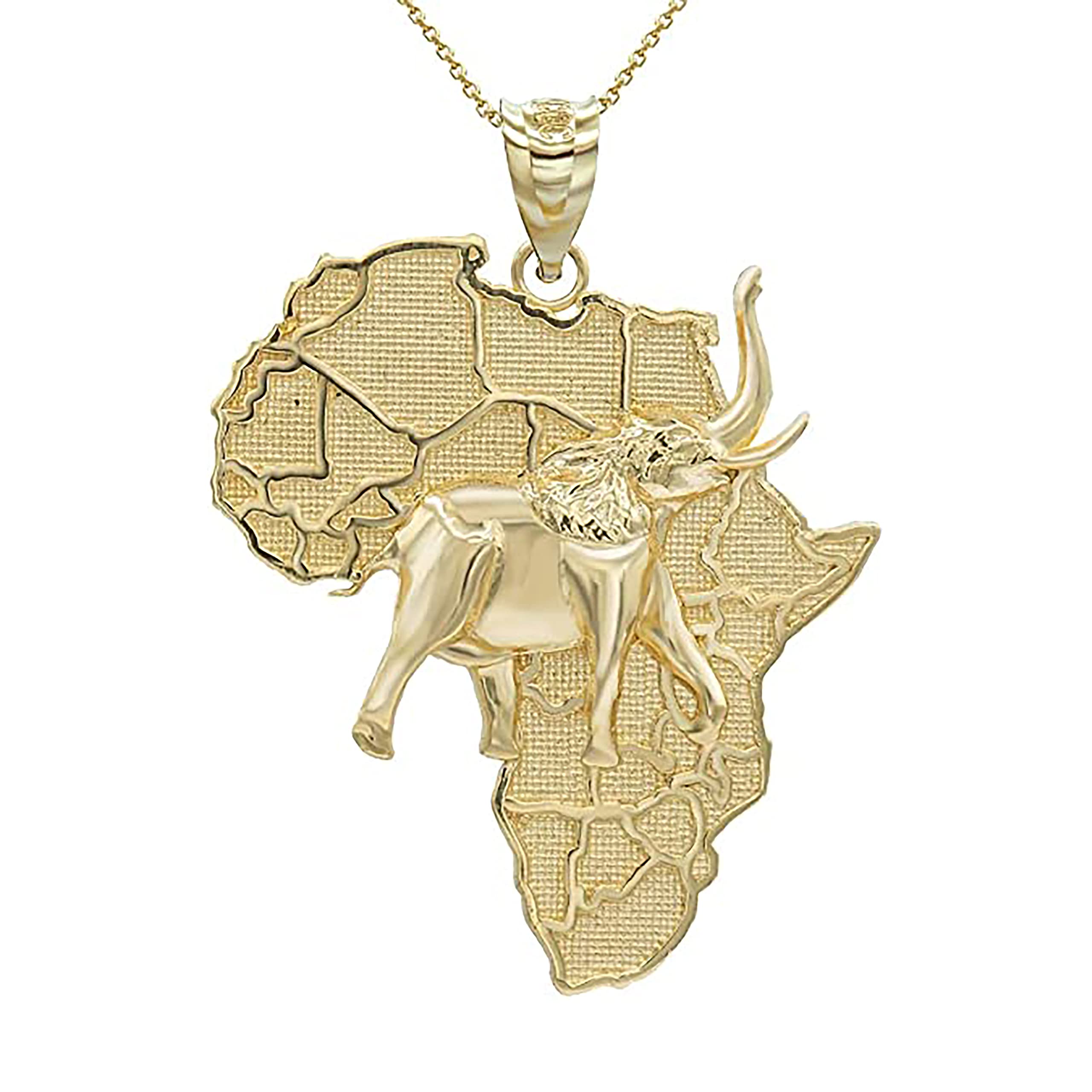 10K Yellow Gold Africa Map Elephant in Solid Gold Charm Pendant