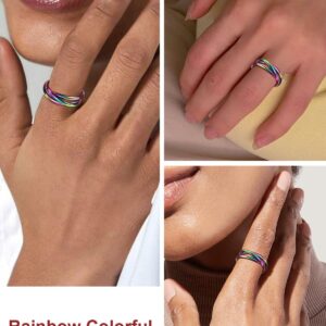 FOCALOOK Womens Rainbow Ring Fashion Fun Ring Triple Interlocked Fidget Ring (Rainbow,8)