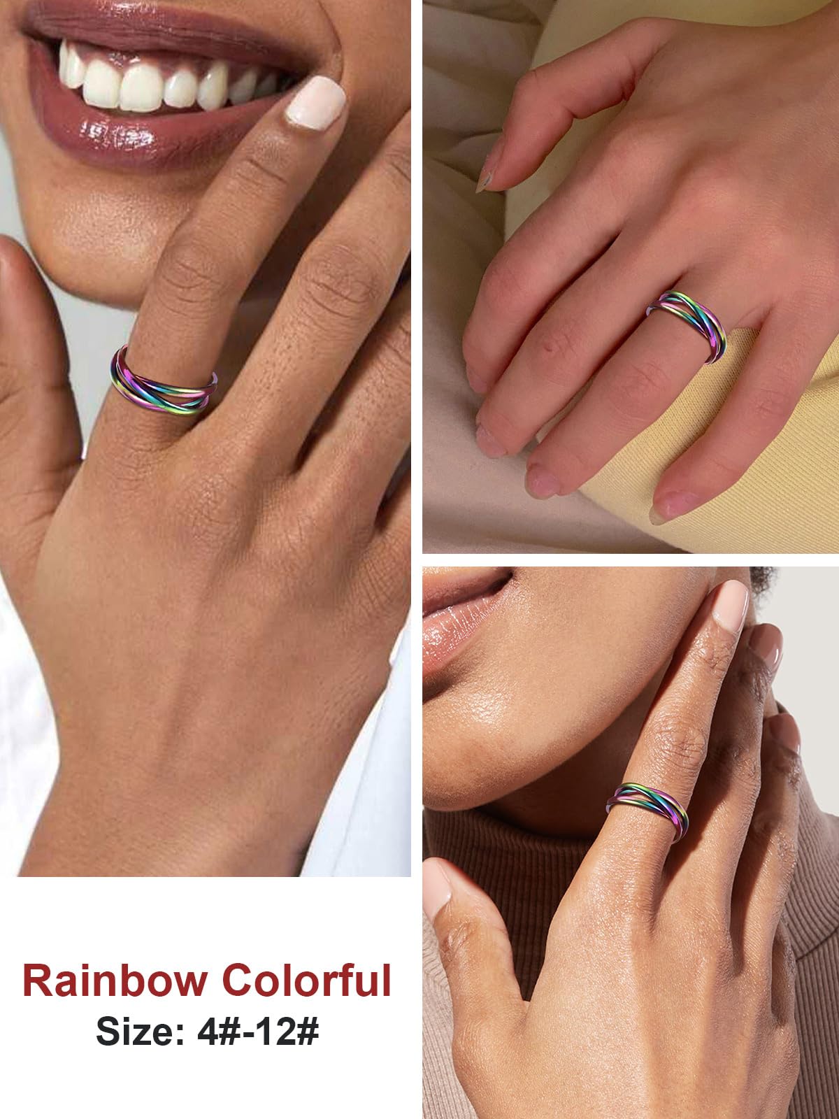 FOCALOOK Womens Rainbow Ring Fashion Fun Ring Triple Interlocked Fidget Ring (Rainbow,8)