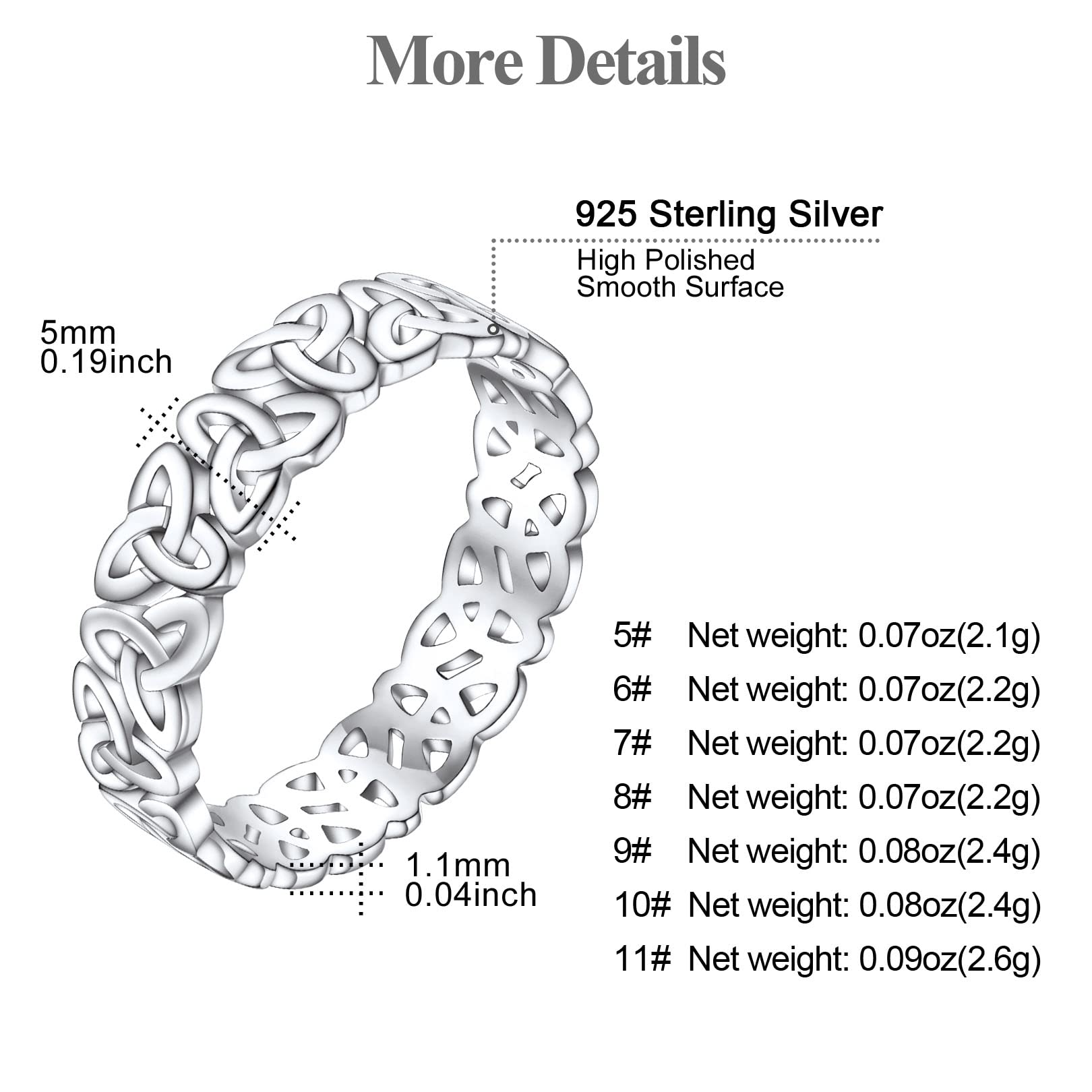 FOCALOOK Celtic Knot Ring 925 Sterling Silver Triquetra Ring Wedding Band Stackable Ring Celtic Jewelry for Women(Size 8)