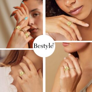 Bestyle Gold Cuban Chain Initial Ring Adjustable Fashion Signet Rings for Women Alphabet Letter E Resizable Knuckle Open Ring, Stackable Rings Fit #6-#12