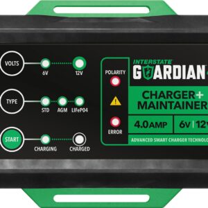 Interstate Batteries 12V, 6V Battery Charger & Maintainer (12V and 6V, 4.0A) Portable, Automatic, Trickle Charging for LiFePO4, Deep-Cycle, Automotive, AGM, Powersports, Boats (CHGIB40)